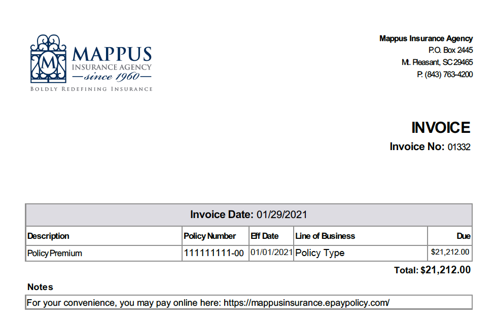 Sample Mappus Insurance Agency Invoice for Agency Billed Policies Sample Mappus Insurance Agency Invoice for Agency Billed Policies